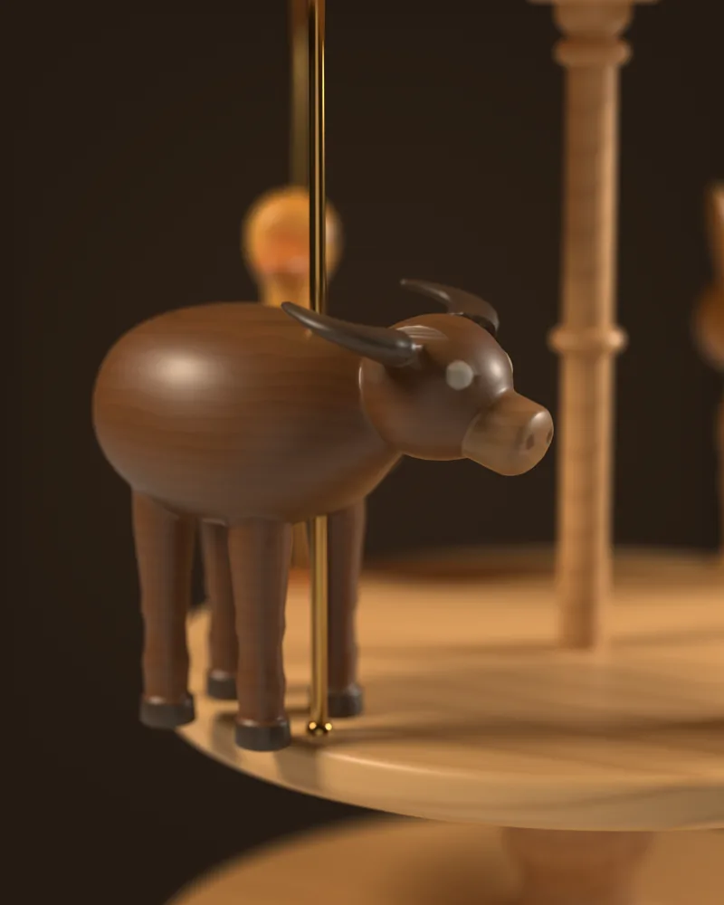 The carabao rider from the Philippines pack on the carousel, close up, as modeled in the app