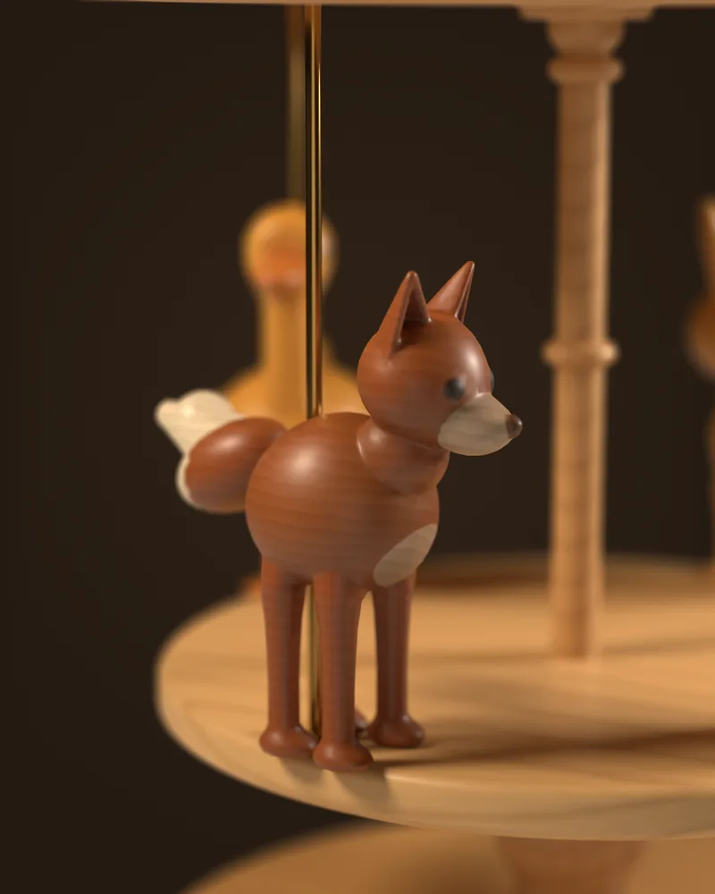 The fox rider from the Forest pack on the carousel, close up, as modeled in the app
