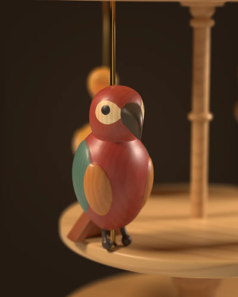 The parrot rider from the Jungle pack on the carousel, close up, as modeled in the app