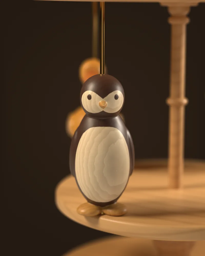 The penguin rider from the Winter pack on the carousel, close up, as modeled in the app