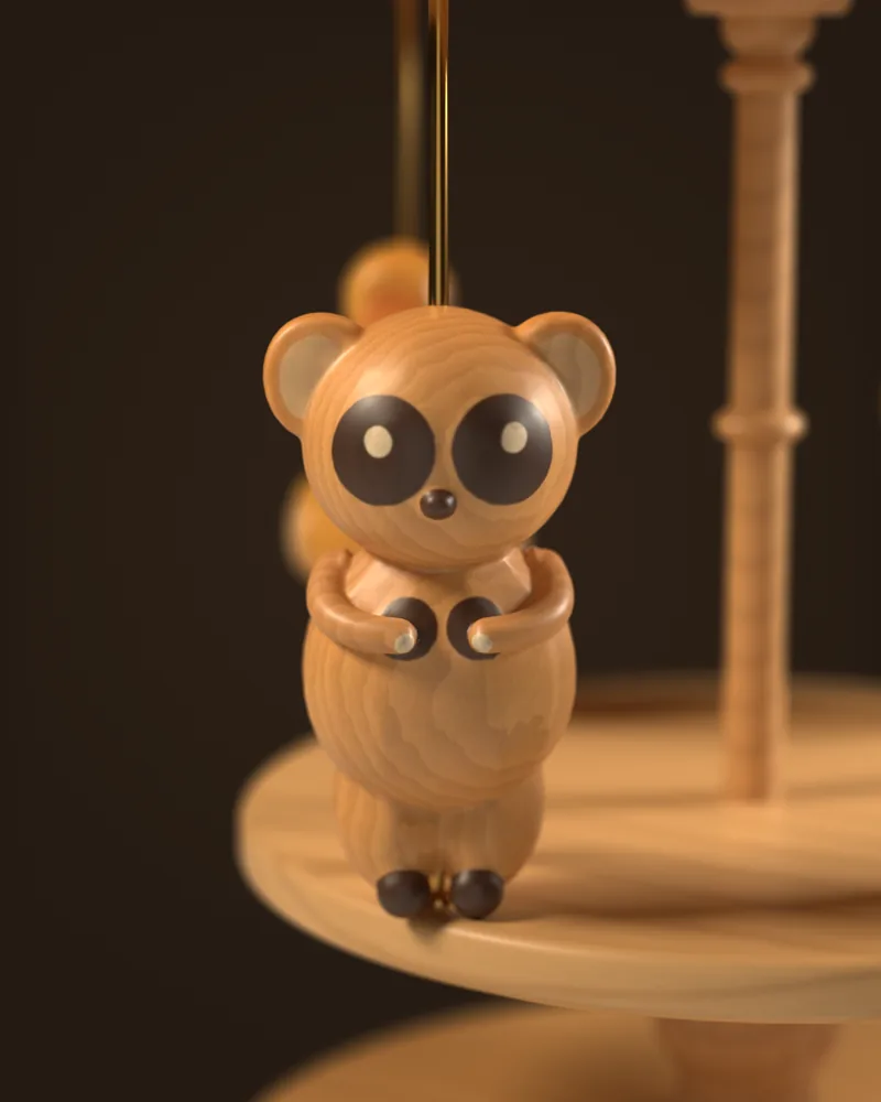 The tarsier rider from the Philippines pack on the carousel, close up, as modeled in the app