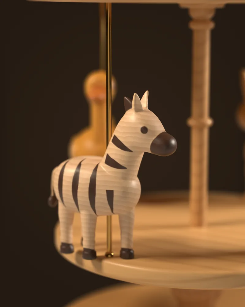 The zebra rider from the Savanna pack on the carousel, close up, as modeled in the app