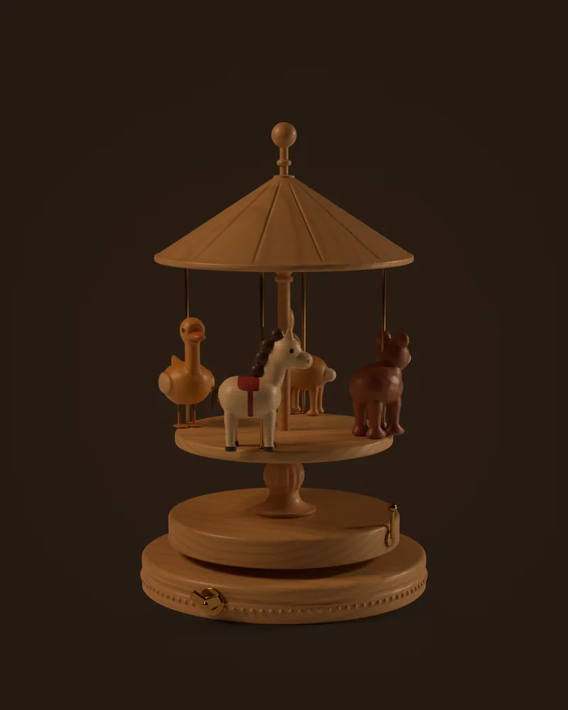 The music box in the app in Sleep mode, the riders turning slowly under a dim warm light