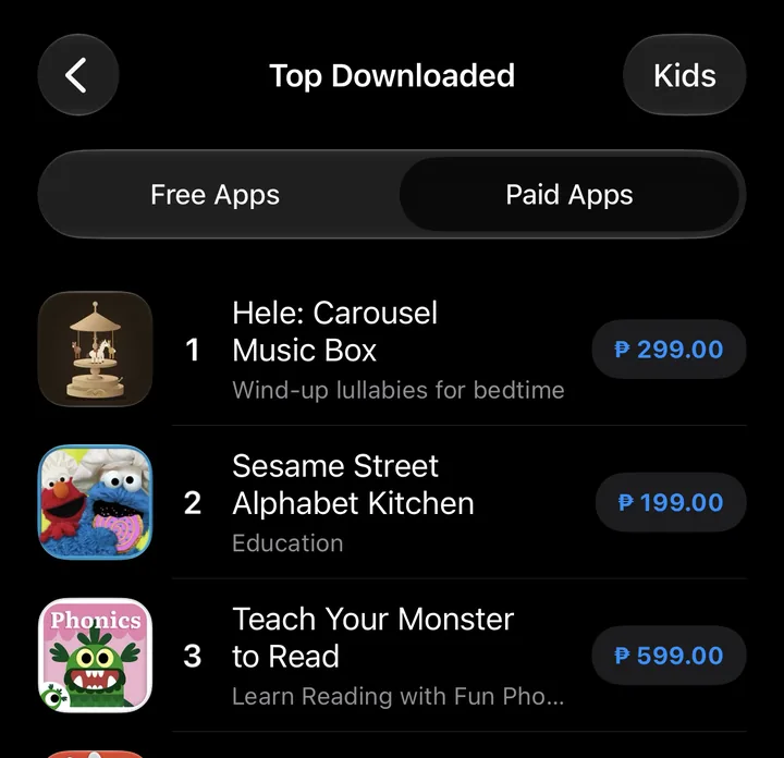 App Store chart, Top Downloaded, Paid Apps, Kids: Hele: Carousel Music Box at number 1, ahead of Sesame Street Alphabet Kitchen and Teach Your Monster to Read