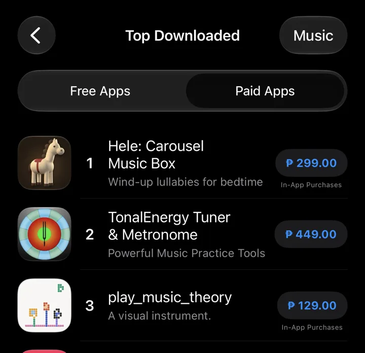 App Store chart, Top Downloaded, Paid Apps, Music, 24 September 2026: Hele: Carousel Music Box at number 1, ahead of TonalEnergy Tuner & Metronome and play_music_theory