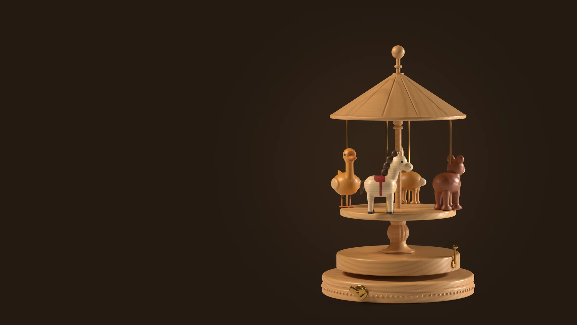The music box in the app: a carved wooden carousel with a horse, a duck and a bear under a grooved roof, the brass key on the base, on the app’s dark ground, wide framing