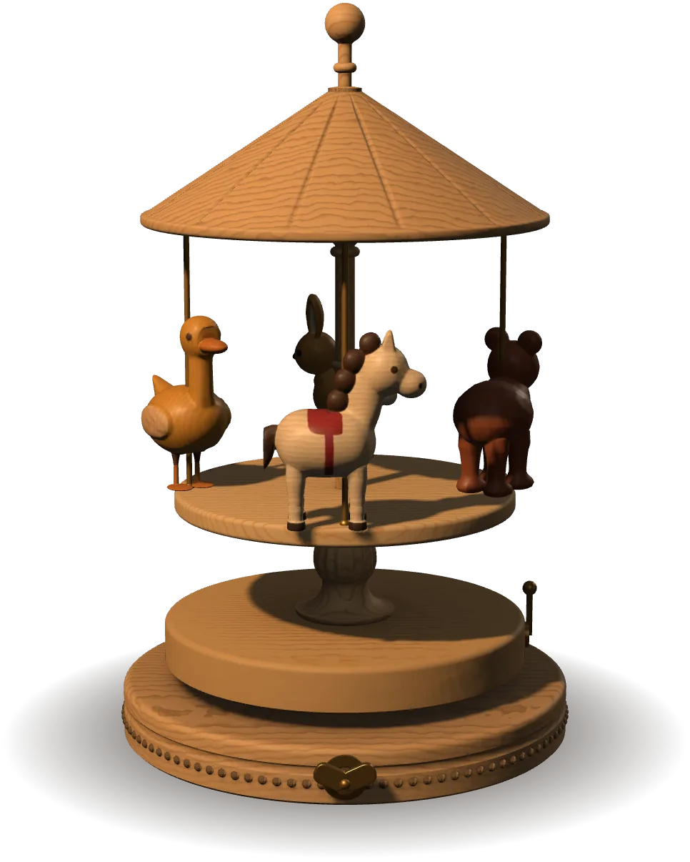 The carved music box from the app, at rest: a wooden carousel with a horse, a bear, a rabbit and a duck under a pointed roof, the brass key on the front